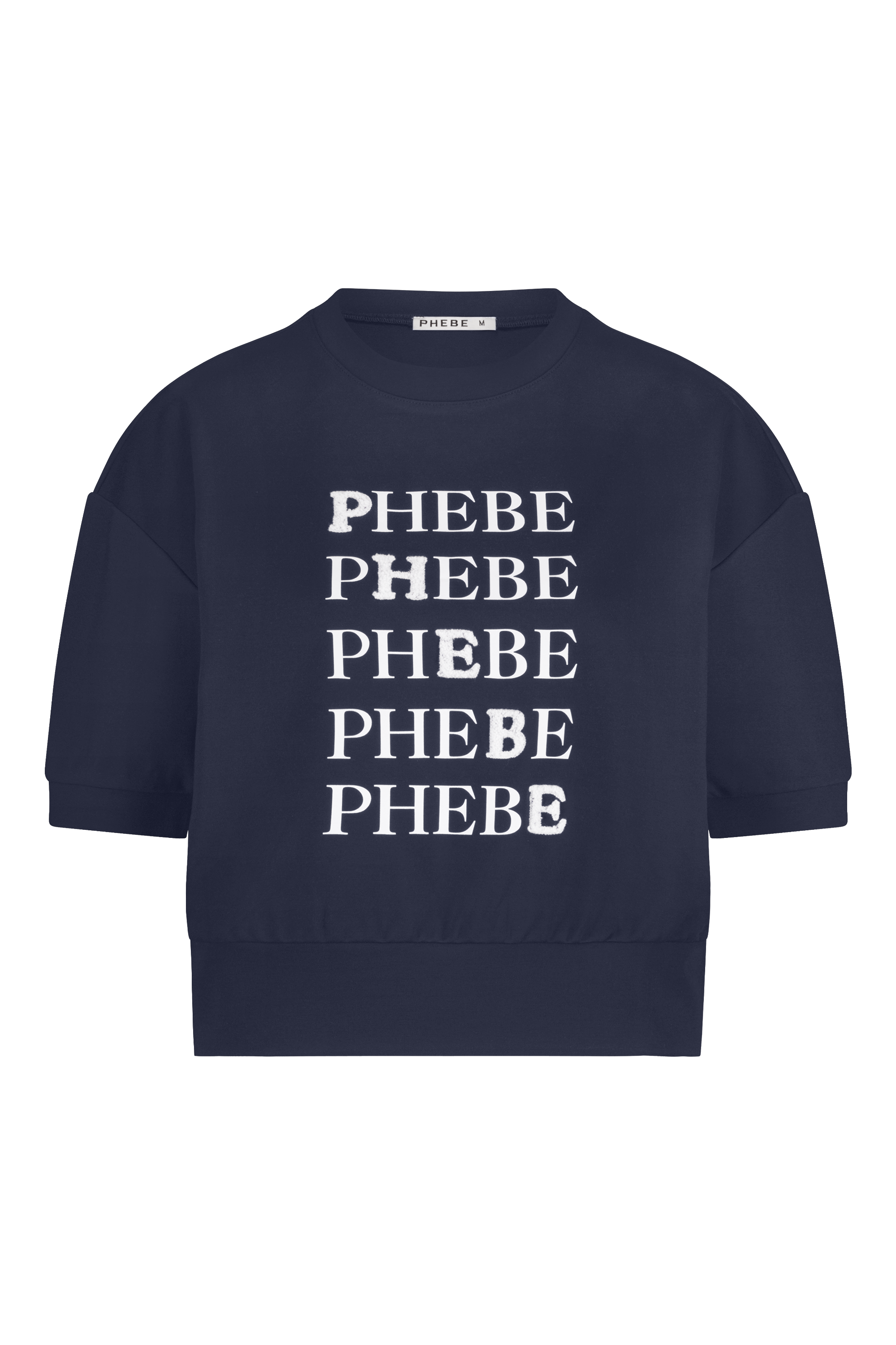 Dark blue/Navy blue sweatshirt punta di roma with 'PHEBE' printed five times in white on a white background