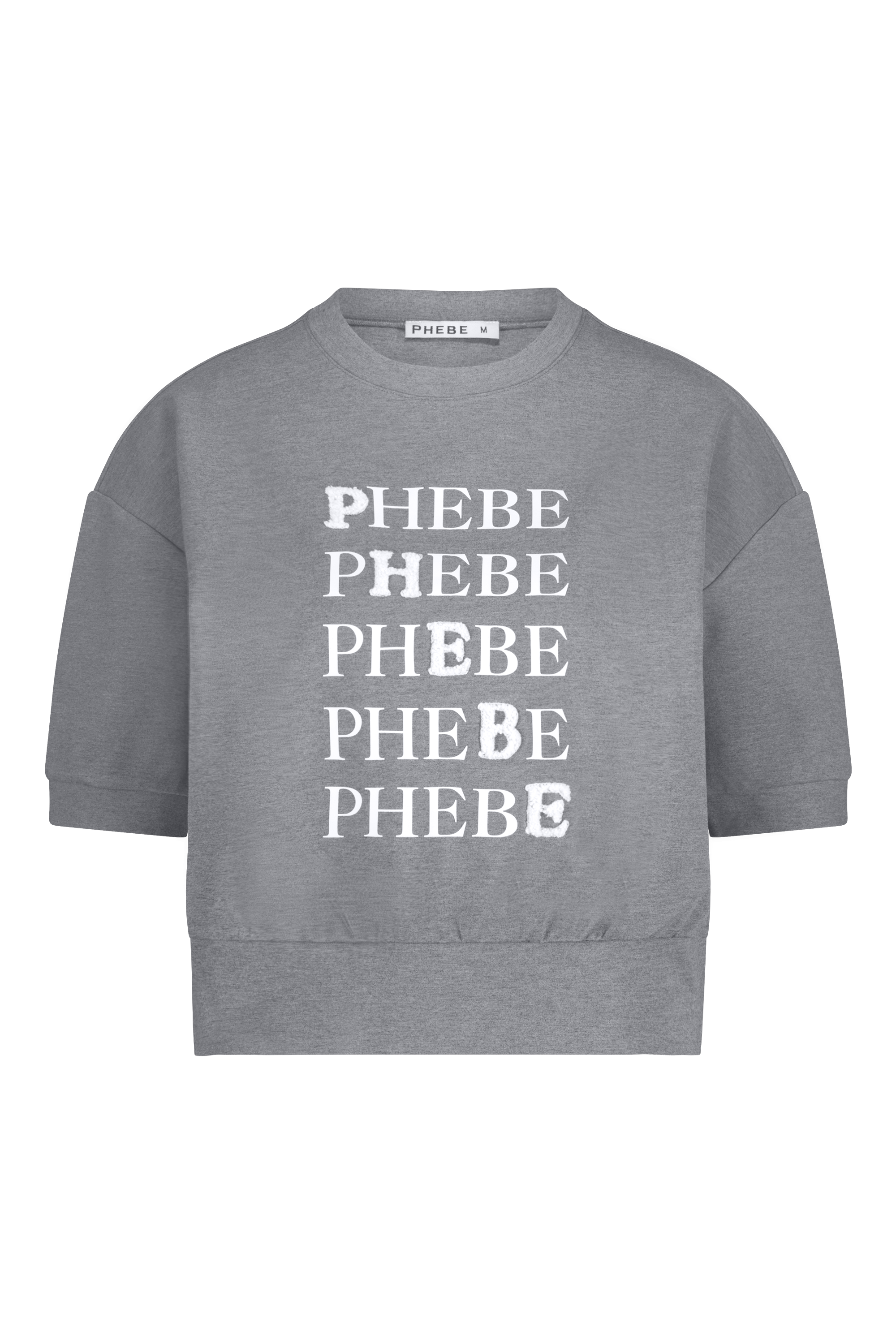 Grey sweatshirt punta di roma with 'PHEBE' text printed multiple times on a white background