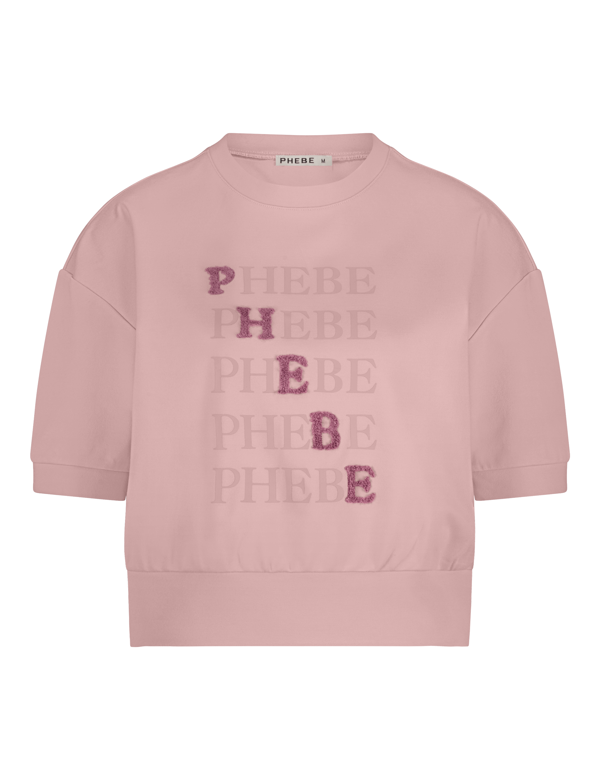 Pink sweatshirt punta di roma with 'PHEBE' printed multiple times on a white background