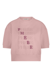 Pink sweatshirt punta di roma with 'PHEBE' printed multiple times on a white background