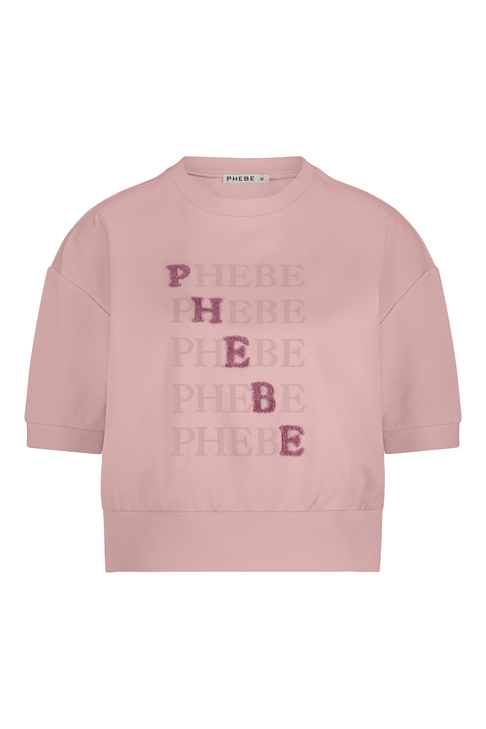 Pink sweatshirt punta di roma with 'PHEBE' printed multiple times on a white background