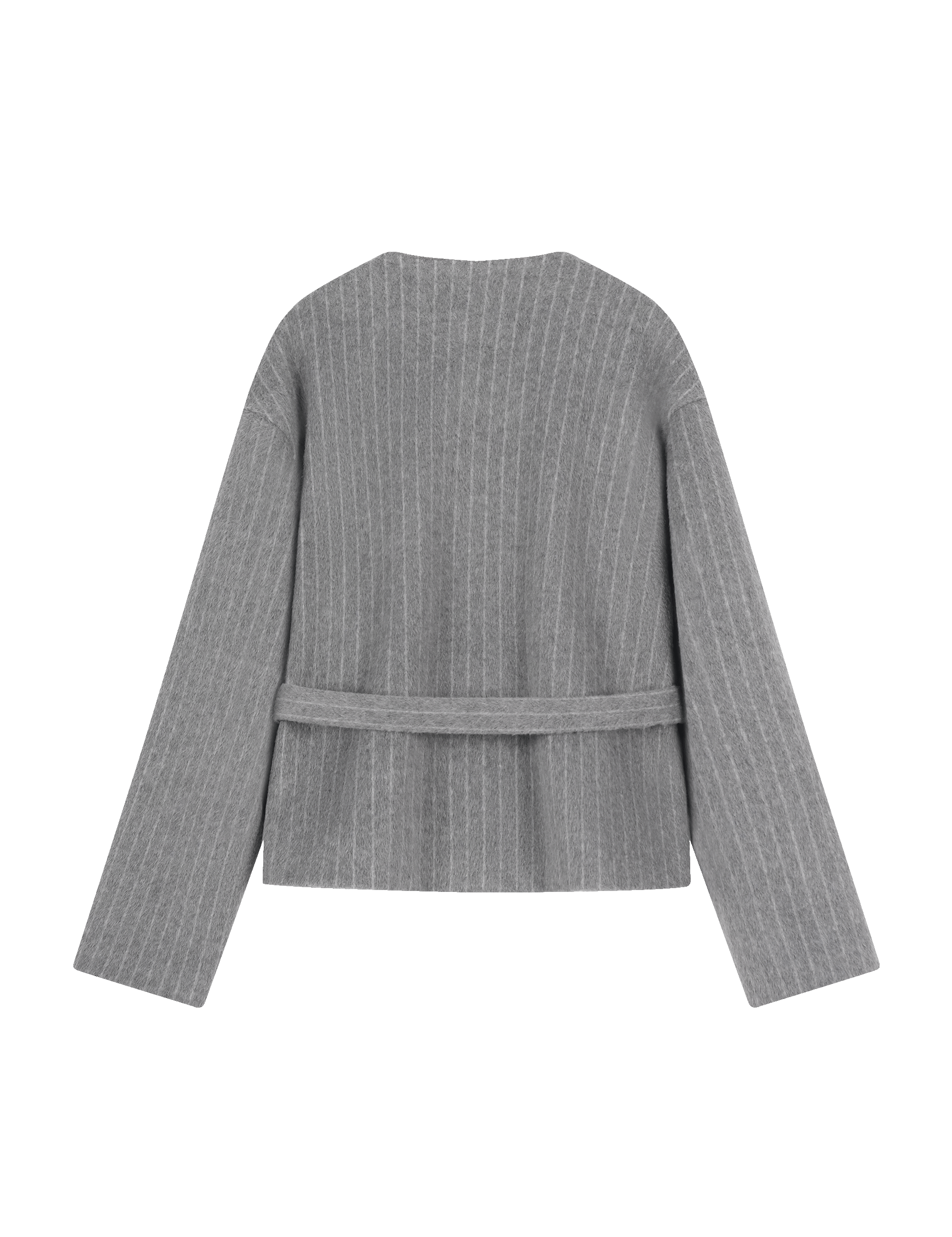 Tailored grey jacket with tie belt - back view