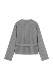 Tailored grey jacket with tie belt - back view