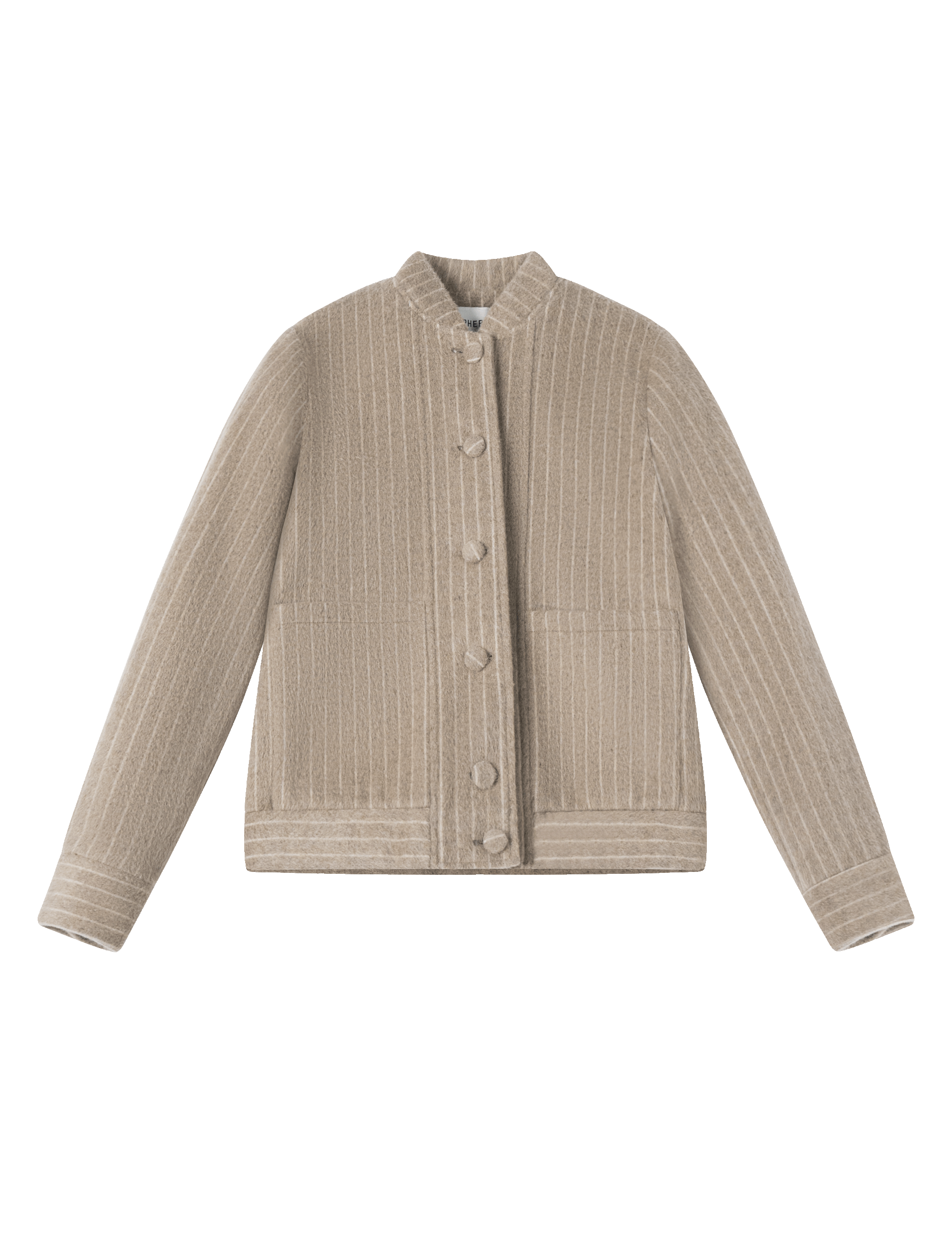 Tailored camel bomber jacket with dyed to match buttons and front pockets - front view