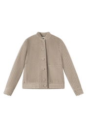 Tailored camel bomber jacket with dyed to match buttons and front pockets - front view