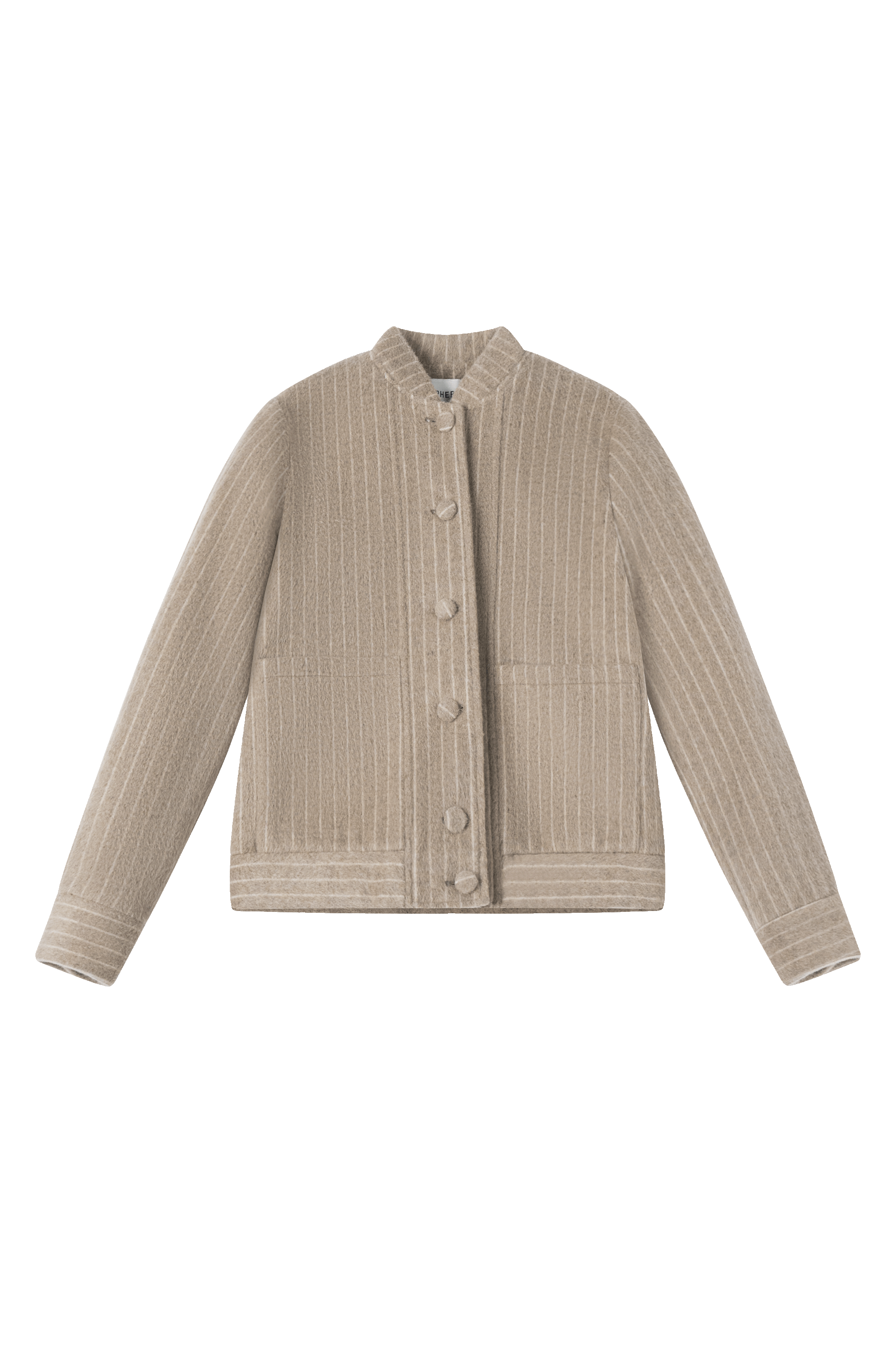 Tailored camel bomber jacket with dyed to match buttons and front pockets - front view
