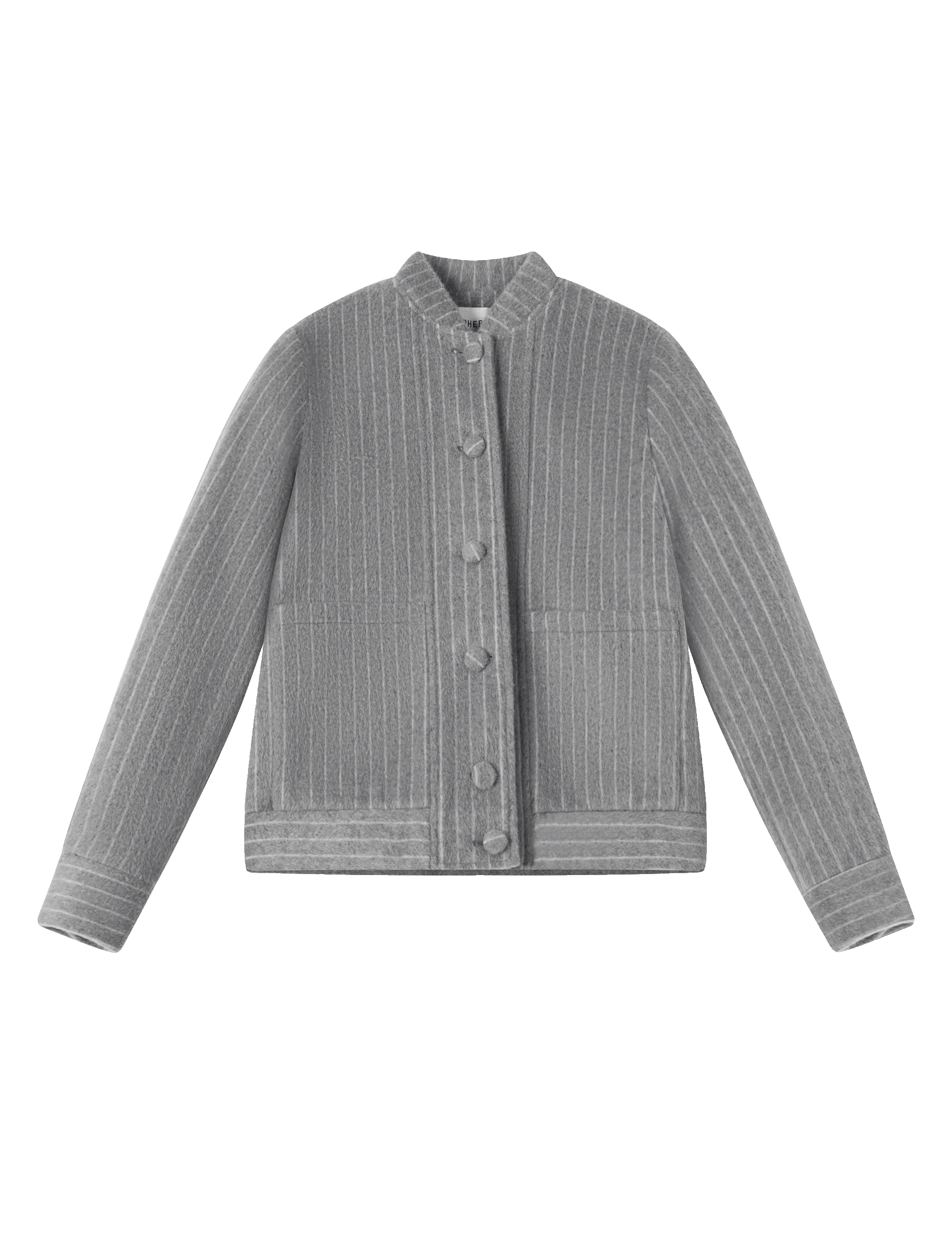Grey tailored wool teddy bomber jacket coat with dyed-to-match buttons and front pockets