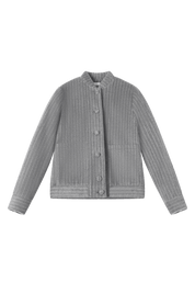 Grey tailored wool teddy bomber jacket coat with dyed-to-match buttons and front pockets