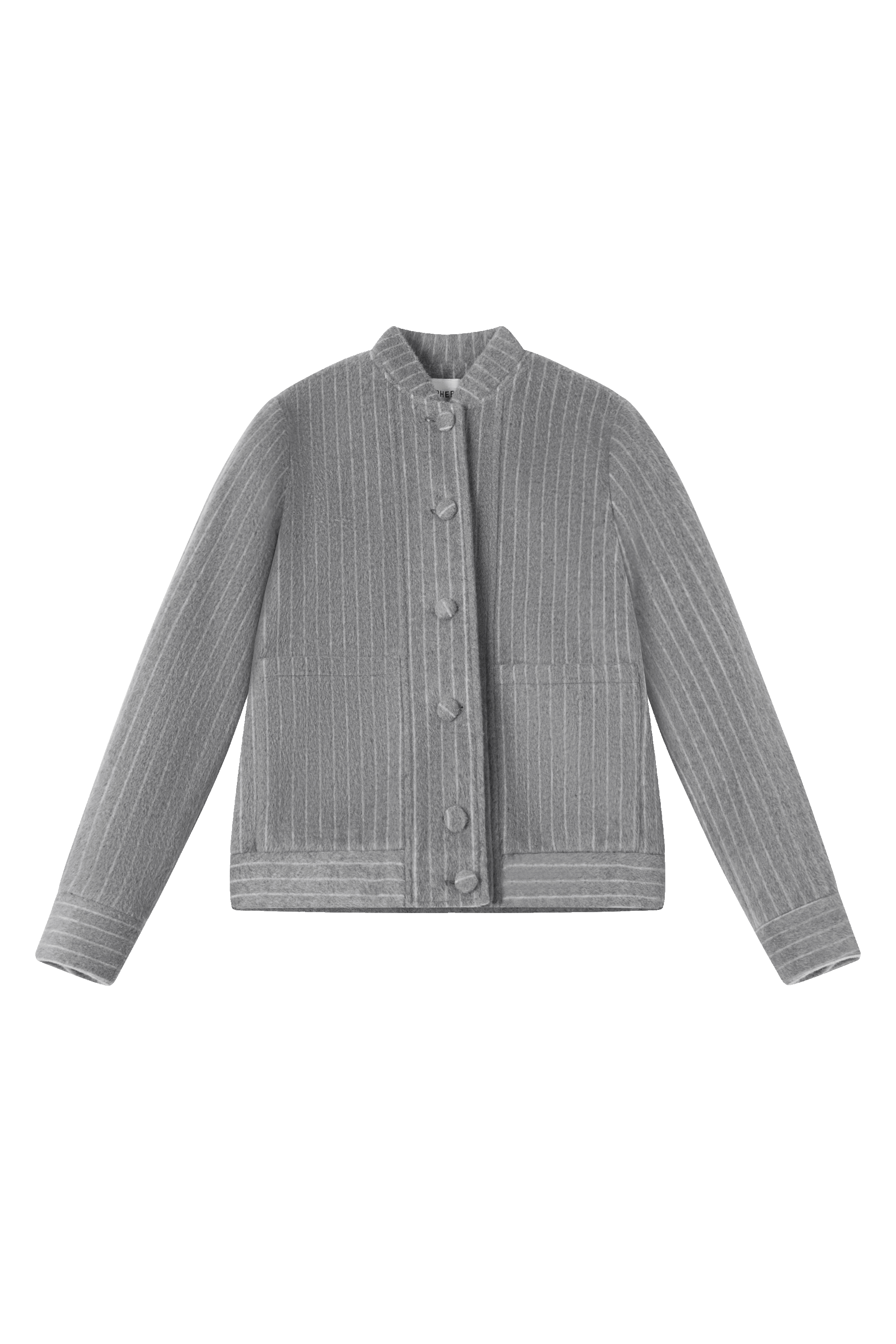 Grey tailored wool teddy bomber jacket coat with dyed-to-match buttons and front pockets